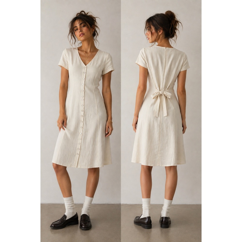 UNIF Midi Dress Women S Cream Linen Cotton Button Front 90s Minimalist Boho Chic